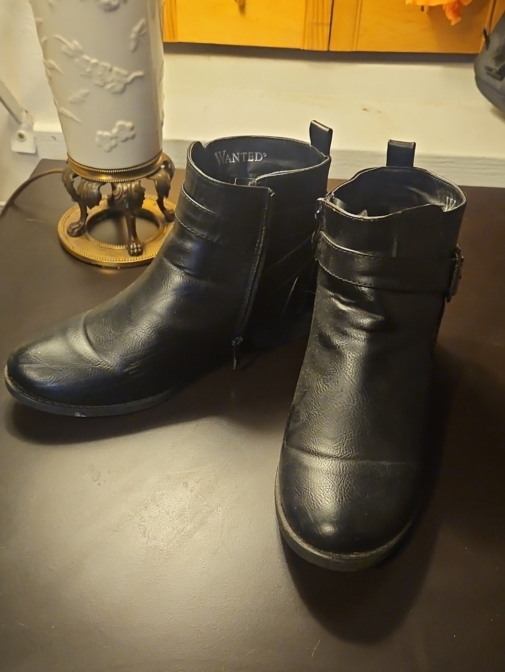 WANTED Black Leather Ankle Booties with Buckle Detail